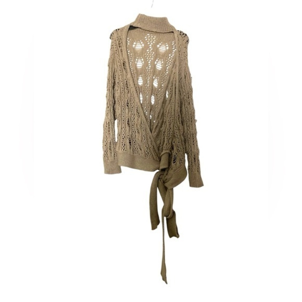 Free People Open Knit Linen Cardigan Chocker Deep V-neck Tie Side Tan Brown S